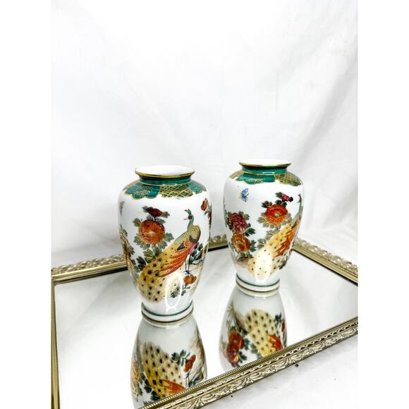 Set Of Vintage Japanese Kutani Peacock Porcelain Vases 1950s - Picture 2 of 10